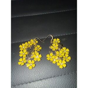 Yellow Enamel Flower Chandelier Earrings Gold Tone Rhinestone Floral Dangle Hook